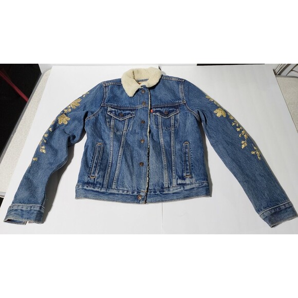 New Levi’s Women’s Embroidered Sherpa Wool Trucker Gold Flower Jacket Size SMALL - Picture 1 of 11